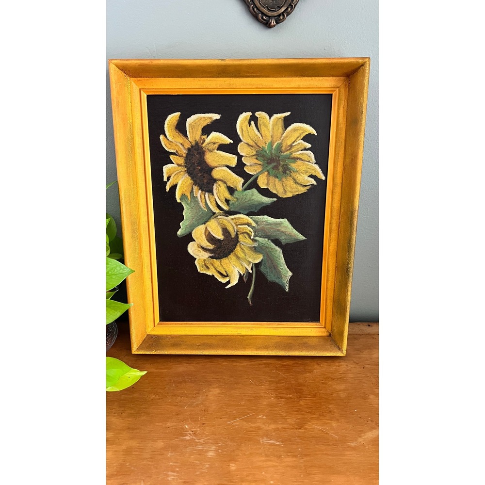 Original Sunflower Painting Signed L McDonald Vintage Textured Wood Frame 15x19